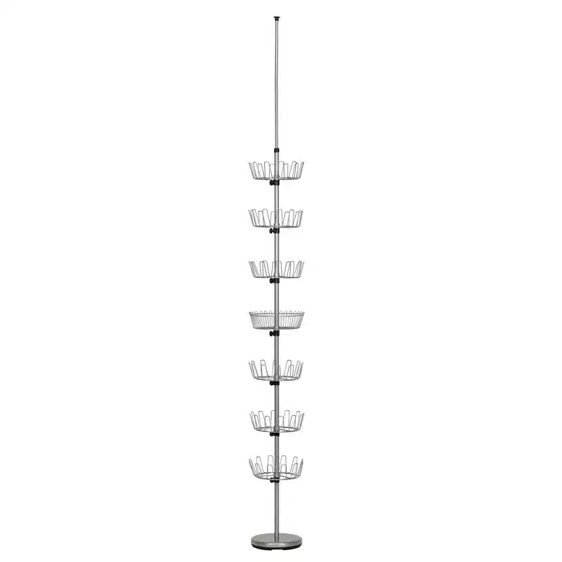 Floor to Ceiling Shoe Tree, Revolving, 6 Shoe Carousels and Accessory Basket, Spring Loaded Tension Rod, Silver