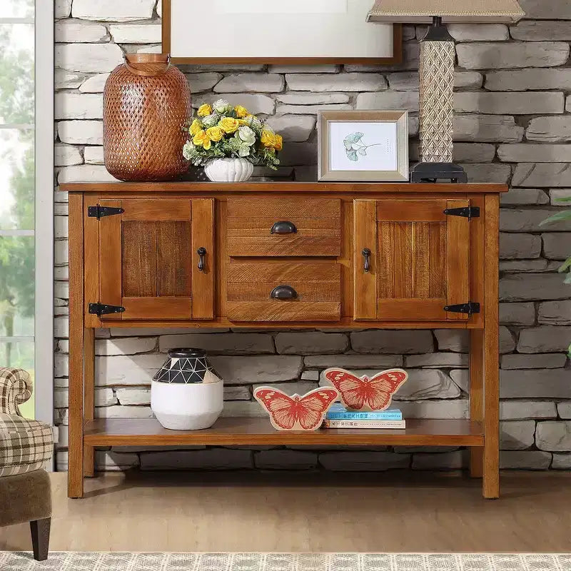 Whisen 46'' Solid Wood Sideboard Console Table, Retro Storage Dining Buffet Server Cabinet with 2 Drawers, Cabinets and Bottom Shelf - Brown