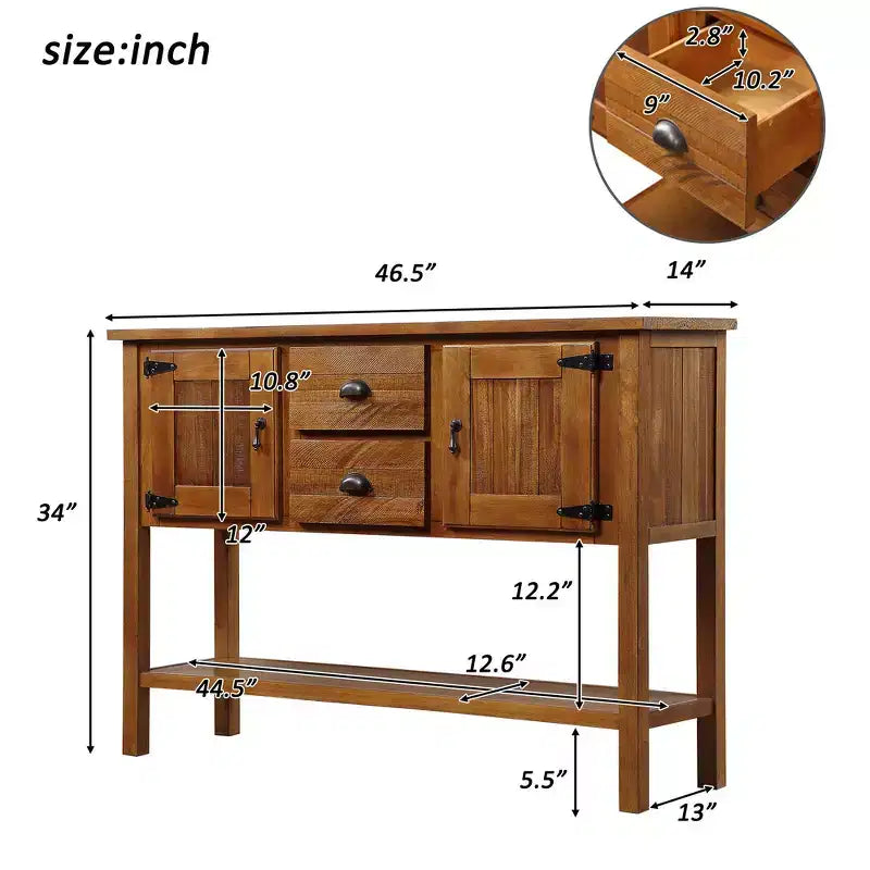 Aparador consola de madera maciza de 46", gabinete buffet/servidor de almacenamiento retro para comedor con 2 cajones, gabinetes y estante inferior - Marrón