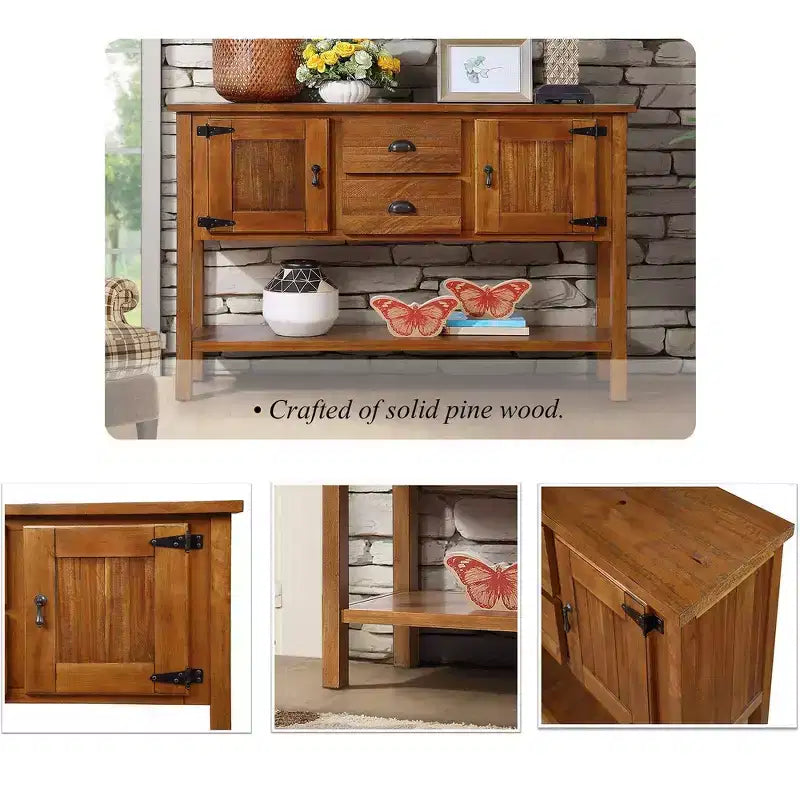Aparador consola de madera maciza de 46", gabinete buffet/servidor de almacenamiento retro para comedor con 2 cajones, gabinetes y estante inferior - Marrón