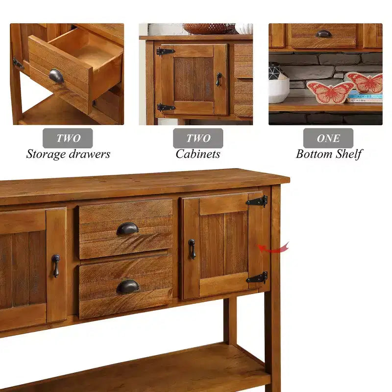 Aparador consola de madera maciza de 46", gabinete buffet/servidor de almacenamiento retro para comedor con 2 cajones, gabinetes y estante inferior - Marrón