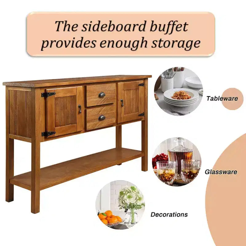 Aparador consola de madera maciza de 46", gabinete buffet/servidor de almacenamiento retro para comedor con 2 cajones, gabinetes y estante inferior - Marrón