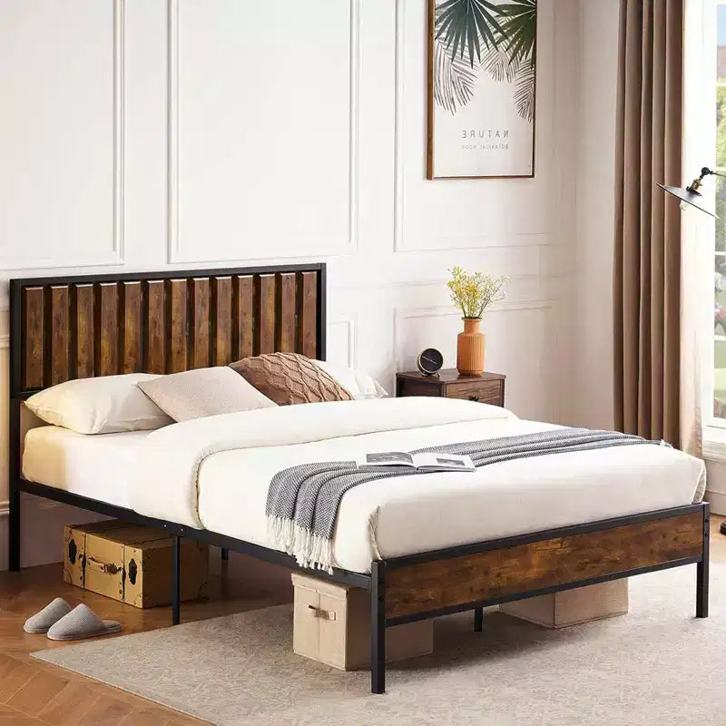 Bed Frame with Headboard Footboard Rustic Wood Farmhouse Platform Metal Wrought Rod Slat Bedframe, No Box Spring Needed, Easy Assembly