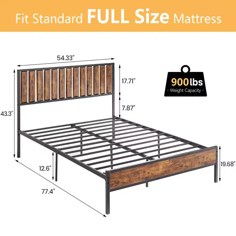 Estructura de cama con cabecero y piecero, madera rústica estilo granja, plataforma de metal forjado con listones, no necesita somier, fácil montaje
