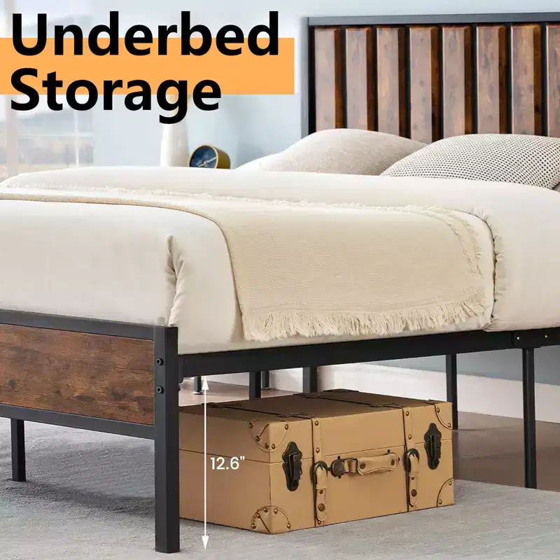 Estructura de cama con cabecero y piecero, madera rústica estilo granja, plataforma de metal forjado con listones, no necesita somier, fácil montaje