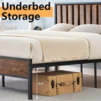 Estructura de cama con cabecero y piecero, madera rústica estilo granja, plataforma de metal forjado con listones, no necesita somier, fácil montaje