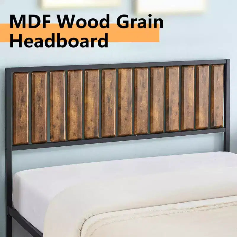 Estructura de cama con cabecero y piecero, madera rústica estilo granja, plataforma de metal forjado con listones, no necesita somier, fácil montaje