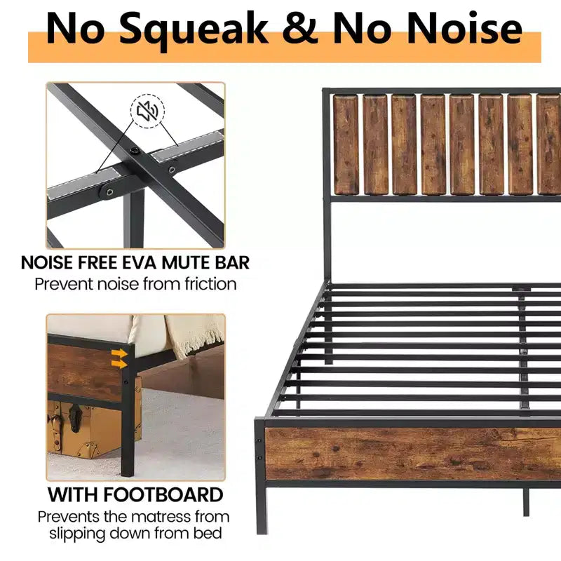 Estructura de cama con cabecero y piecero, madera rústica estilo granja, plataforma de metal forjado con listones, no necesita somier, fácil montaje