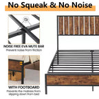 Estructura de cama con cabecero y piecero, madera rústica estilo granja, plataforma de metal forjado con listones, no necesita somier, fácil montaje