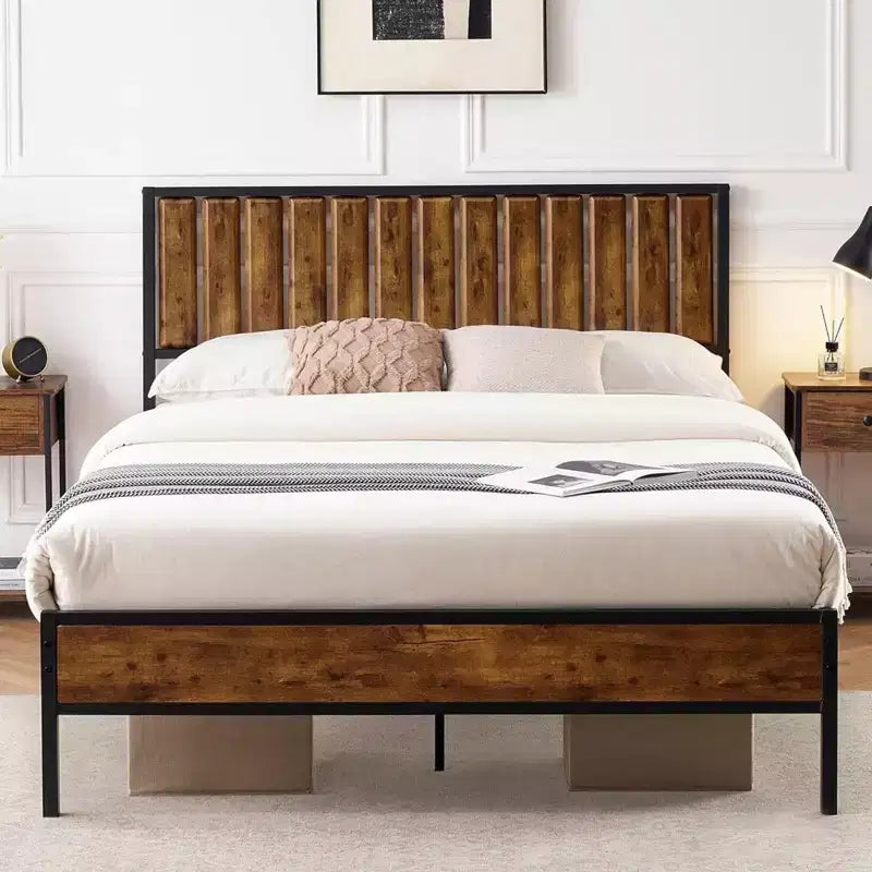Estructura de cama con cabecero y piecero, madera rústica estilo granja, plataforma de metal forjado con listones, no necesita somier, fácil montaje
