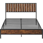Estructura de cama con cabecero y piecero, madera rústica estilo granja, plataforma de metal forjado con listones, no necesita somier, fácil montaje