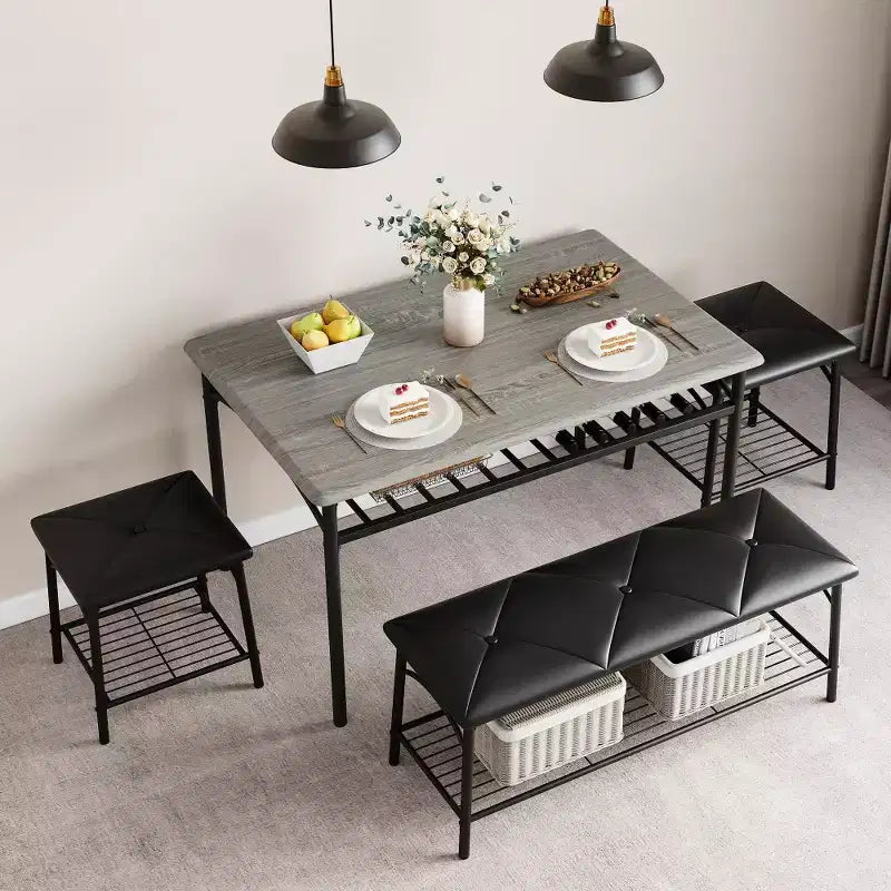 Mesa de Comedor para 4 con Banco/Taburetes, Mesa de Cocina con Estantes de Almacenamiento, Mesa de Comedor con Cojín de PU, Muebles de Comedor