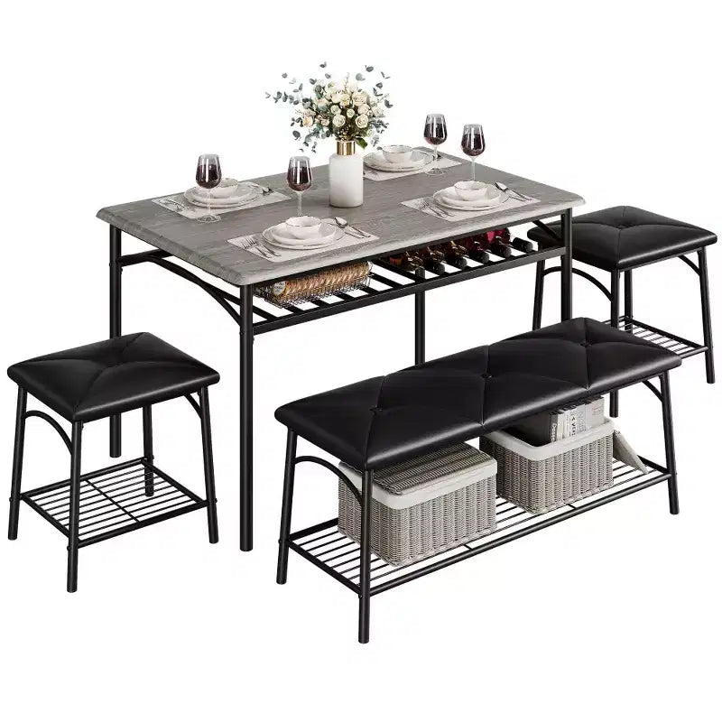 Mesa de Comedor para 4 con Banco/Taburetes, Mesa de Cocina con Estantes de Almacenamiento, Mesa de Comedor con Cojín de PU, Muebles de Comedor