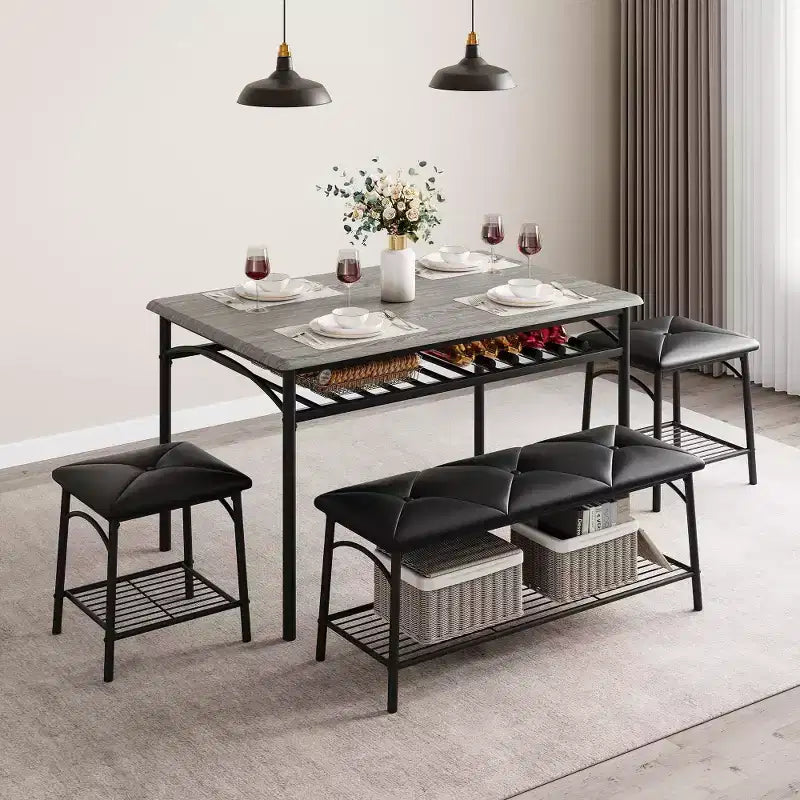 Mesa de Comedor para 4 con Banco/Taburetes, Mesa de Cocina con Estantes de Almacenamiento, Mesa de Comedor con Cojín de PU, Muebles de Comedor