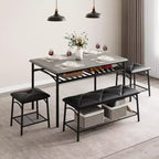 Mesa de Comedor para 4 con Banco/Taburetes, Mesa de Cocina con Estantes de Almacenamiento, Mesa de Comedor con Cojín de PU, Muebles de Comedor