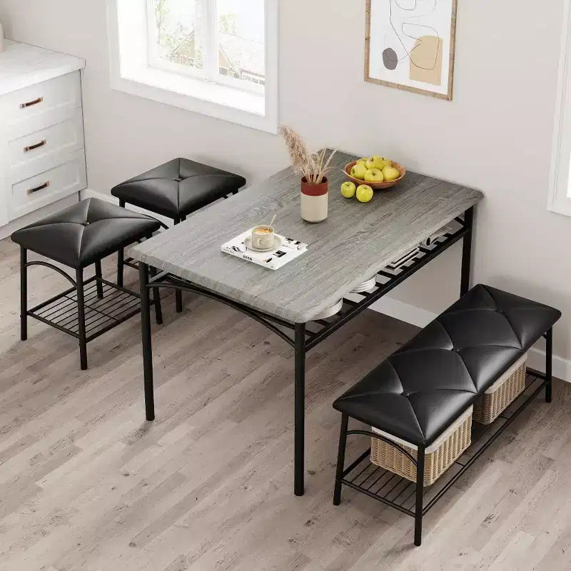 Mesa de Comedor para 4 con Banco/Taburetes, Mesa de Cocina con Estantes de Almacenamiento, Mesa de Comedor con Cojín de PU, Muebles de Comedor
