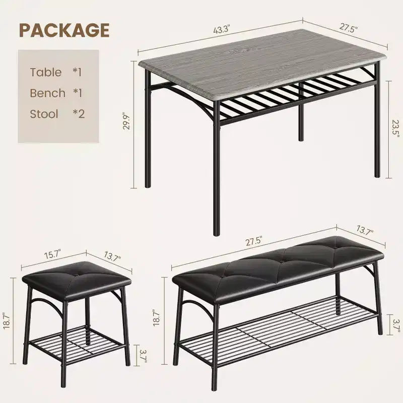 Mesa de Comedor para 4 con Banco/Taburetes, Mesa de Cocina con Estantes de Almacenamiento, Mesa de Comedor con Cojín de PU, Muebles de Comedor