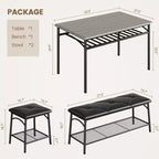 Mesa de Comedor para 4 con Banco/Taburetes, Mesa de Cocina con Estantes de Almacenamiento, Mesa de Comedor con Cojín de PU, Muebles de Comedor