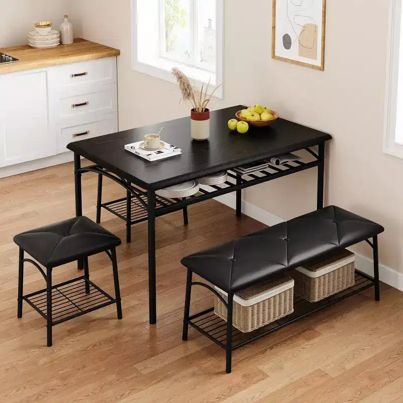 Mesa de Comedor para 4 con Banco/Taburetes, Mesa de Cocina con Estantes de Almacenamiento, Mesa de Comedor con Cojín de PU, Muebles de Comedor