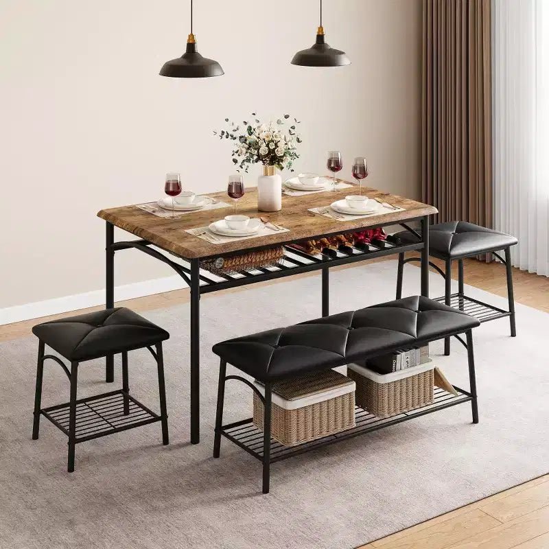 Mesa de Comedor para 4 con Banco/Taburetes, Mesa de Cocina con Estantes de Almacenamiento, Mesa de Comedor con Cojín de PU, Muebles de Comedor