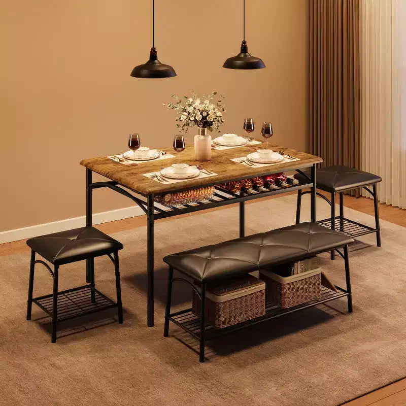 Mesa de Comedor para 4 con Banco/Taburetes, Mesa de Cocina con Estantes de Almacenamiento, Mesa de Comedor con Cojín de PU, Muebles de Comedor