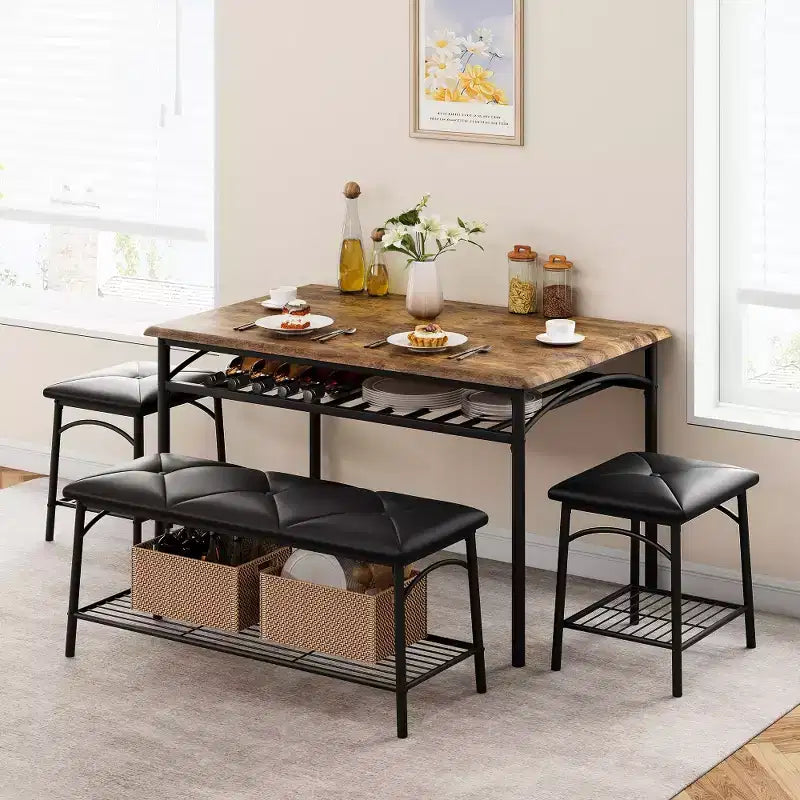 Mesa de Comedor para 4 con Banco/Taburetes, Mesa de Cocina con Estantes de Almacenamiento, Mesa de Comedor con Cojín de PU, Muebles de Comedor