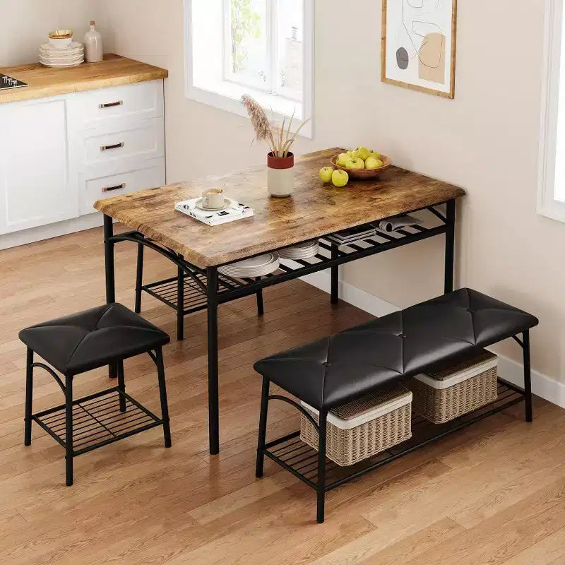 Mesa de Comedor para 4 con Banco/Taburetes, Mesa de Cocina con Estantes de Almacenamiento, Mesa de Comedor con Cojín de PU, Muebles de Comedor