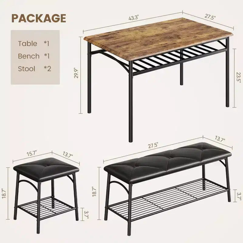 Mesa de Comedor para 4 con Banco/Taburetes, Mesa de Cocina con Estantes de Almacenamiento, Mesa de Comedor con Cojín de PU, Muebles de Comedor