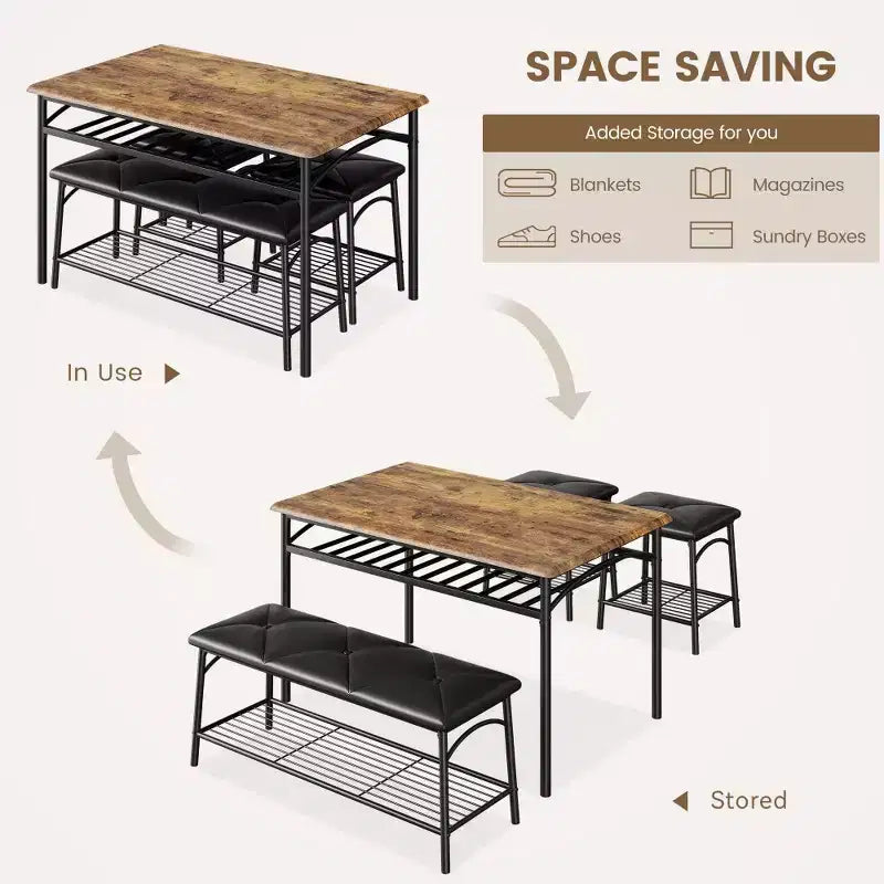 Mesa de Comedor para 4 con Banco/Taburetes, Mesa de Cocina con Estantes de Almacenamiento, Mesa de Comedor con Cojín de PU, Muebles de Comedor