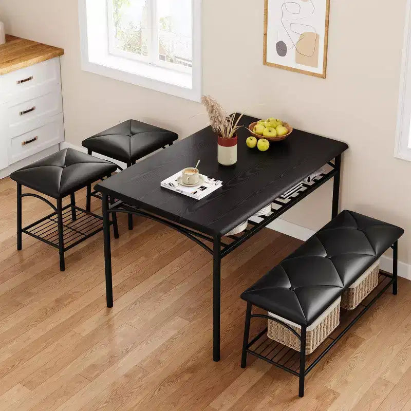 Mesa de Comedor para 4 con Banco/Taburetes, Mesa de Cocina con Estantes de Almacenamiento, Mesa de Comedor con Cojín de PU, Muebles de Comedor
