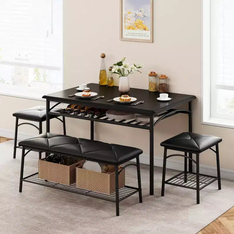 Mesa de Comedor para 4 con Banco/Taburetes, Mesa de Cocina con Estantes de Almacenamiento, Mesa de Comedor con Cojín de PU, Muebles de Comedor