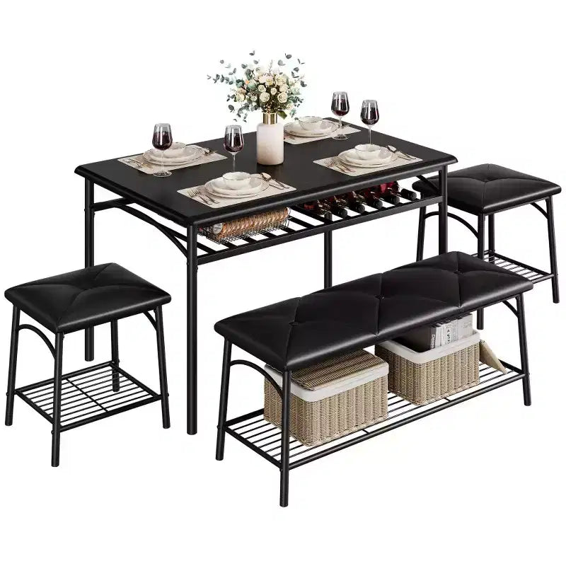 Mesa de Comedor para 4 con Banco/Taburetes, Mesa de Cocina con Estantes de Almacenamiento, Mesa de Comedor con Cojín de PU, Muebles de Comedor