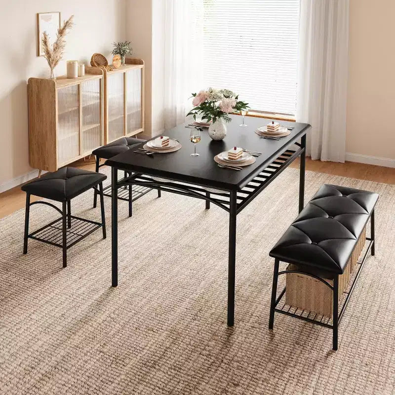 Mesa de Comedor para 4 con Banco/Taburetes, Mesa de Cocina con Estantes de Almacenamiento, Mesa de Comedor con Cojín de PU, Muebles de Comedor