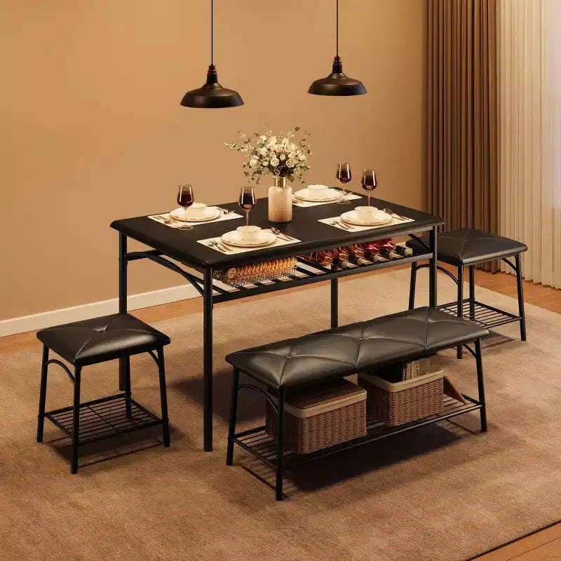 Mesa de Comedor para 4 con Banco/Taburetes, Mesa de Cocina con Estantes de Almacenamiento, Mesa de Comedor con Cojín de PU, Muebles de Comedor