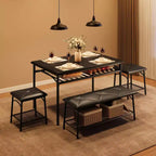 Mesa de Comedor para 4 con Banco/Taburetes, Mesa de Cocina con Estantes de Almacenamiento, Mesa de Comedor con Cojín de PU, Muebles de Comedor