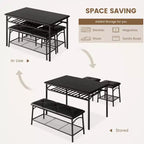 Mesa de Comedor para 4 con Banco/Taburetes, Mesa de Cocina con Estantes de Almacenamiento, Mesa de Comedor con Cojín de PU, Muebles de Comedor