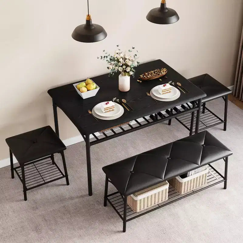 Dining Table Set for 4 With Benche/Stools Kitchen Table Set With Storage Shelves Dining Table Set With PU Cusion Dining Room Furniture Table