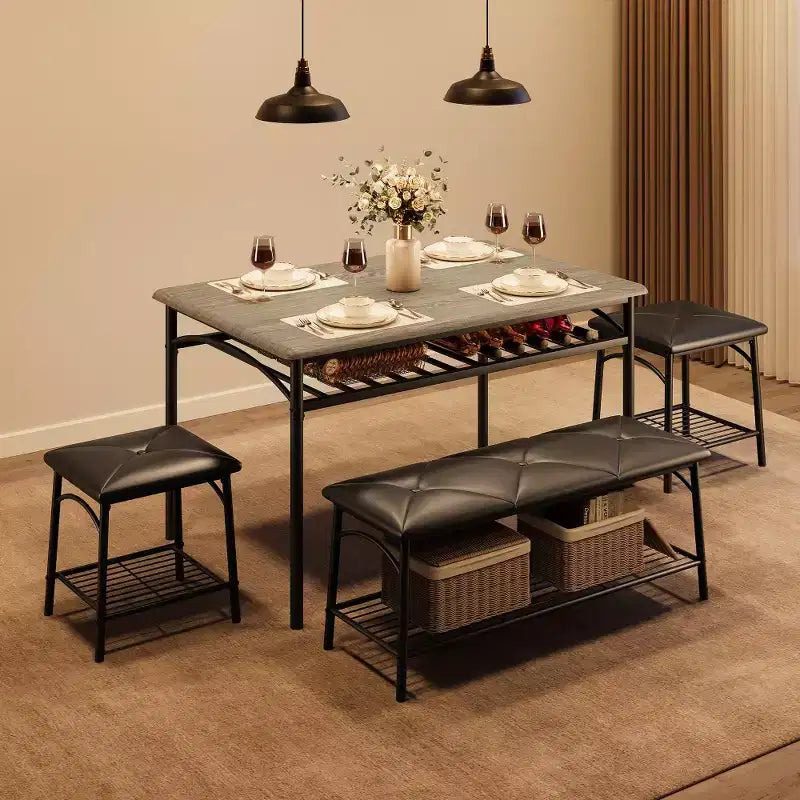 Mesa de Comedor para 4 con Banco/Taburetes, Mesa de Cocina con Estantes de Almacenamiento, Mesa de Comedor con Cojín de PU, Muebles de Comedor