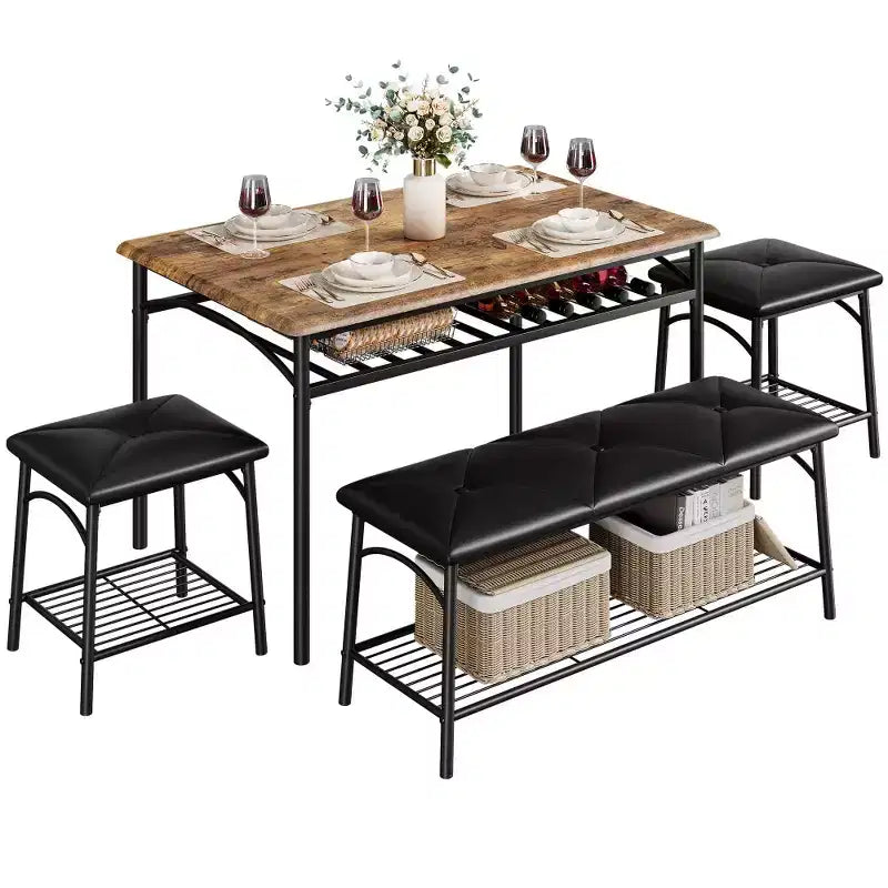Mesa de Comedor para 4 con Banco/Taburetes, Mesa de Cocina con Estantes de Almacenamiento, Mesa de Comedor con Cojín de PU, Muebles de Comedor