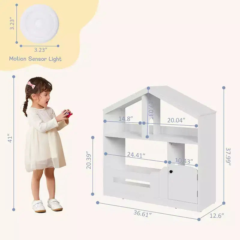 Estantería para niños, organizador de almacenamiento de juguetes, librería de madera para niños pequeños con luz con sensor de movimiento para niños