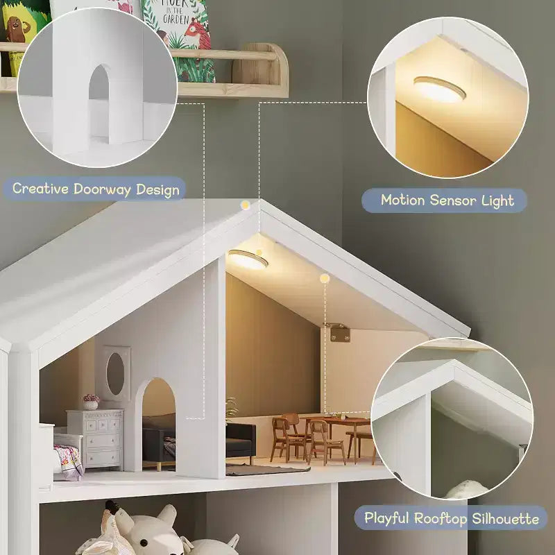 Estantería para niños, organizador de almacenamiento de juguetes, librería de madera para niños pequeños con luz con sensor de movimiento para niños