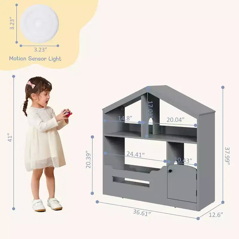 Estantería para niños, organizador de almacenamiento de juguetes, librería de madera para niños pequeños con luz con sensor de movimiento para niños