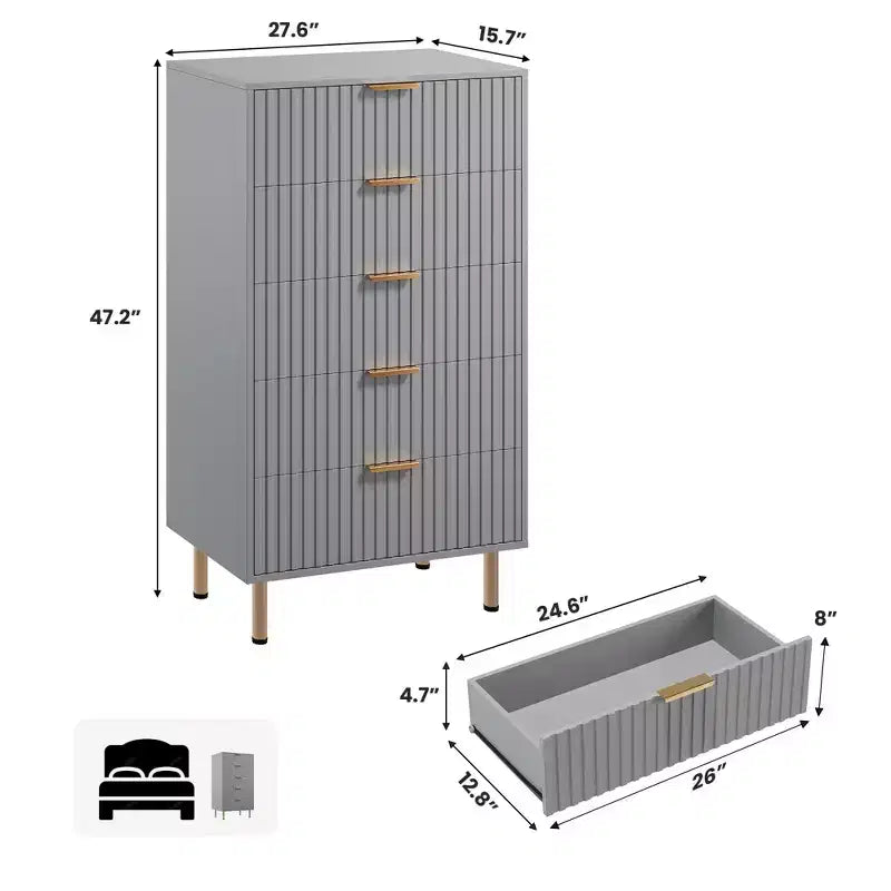 Cómoda de dormitorio alta con 5 cajones estriados de 47", cajones profundos
