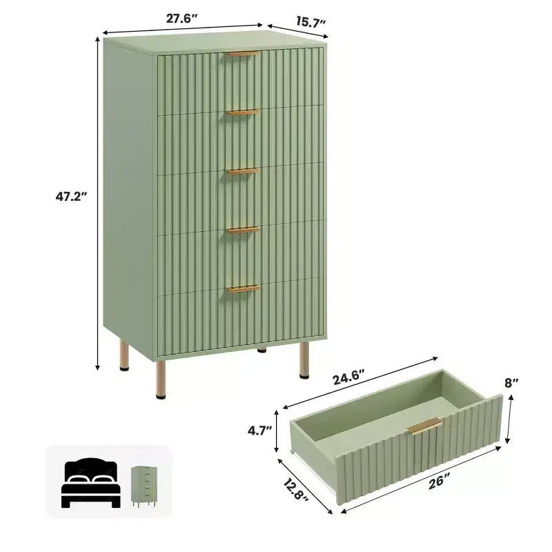 Cómoda de dormitorio alta con 5 cajones estriados de 47", cajones profundos