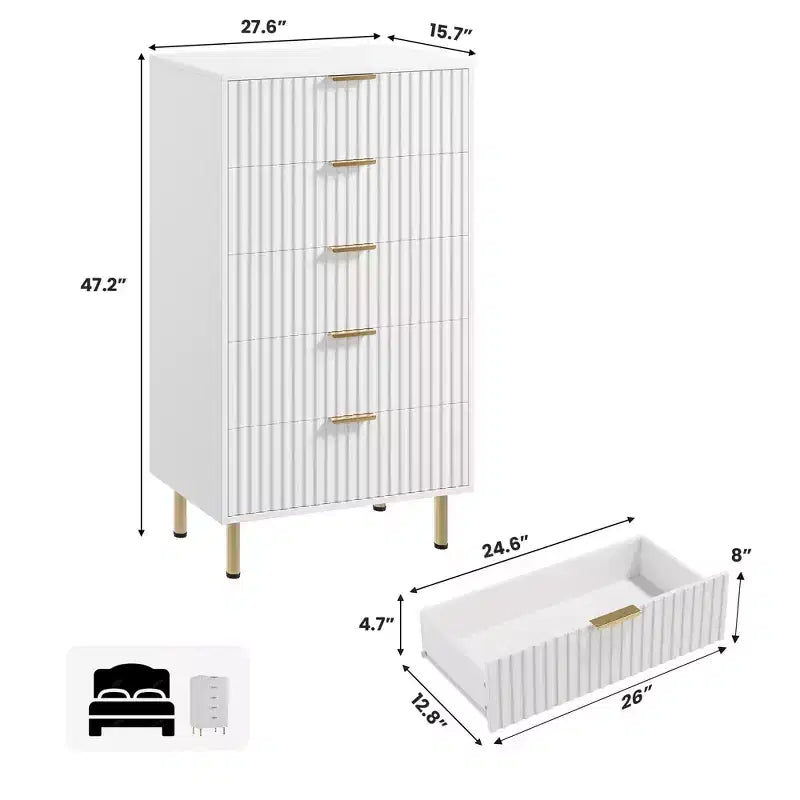 Cómoda de dormitorio alta con 5 cajones estriados de 47", cajones profundos