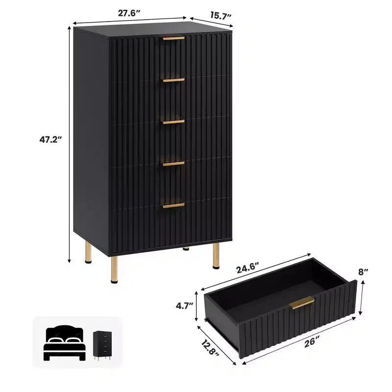 Cómoda de dormitorio alta con 5 cajones estriados de 47", cajones profundos