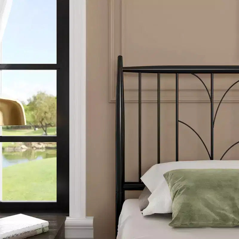 Armazón de cama de hierro negro con espigas de trigo, diseño silencioso de cierre de goma, 12 espacios de almacenamiento debajo de la cama, estilo moderno y sencillo.