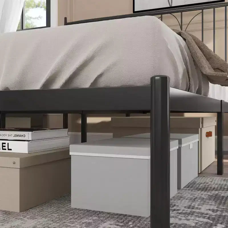 Armazón de cama de hierro negro con espigas de trigo, diseño silencioso de cierre de goma, 12 espacios de almacenamiento debajo de la cama, estilo moderno y sencillo.