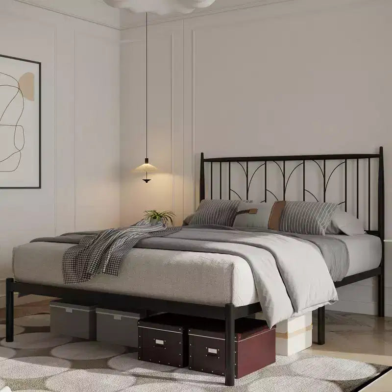 Armazón de cama de hierro negro con espigas de trigo, diseño silencioso de cierre de goma, 12 espacios de almacenamiento debajo de la cama, estilo moderno y sencillo.