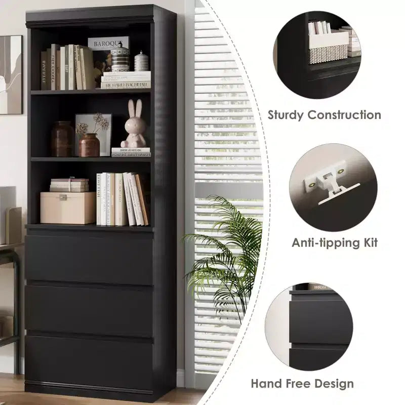 Estantería de 70 Pulgadas con Cajones - Librero Alto, Estilo Rústico, Estanterías de Madera Profundas, para Sala de Estar, Estudio, Cocina, Oficina en Casa